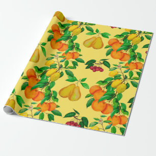 Watercolor seamless pattern with citrus, pear, che wrapping paper