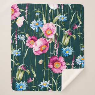 Watercolor seamless pattern with corn poppy flower sherpa blanket