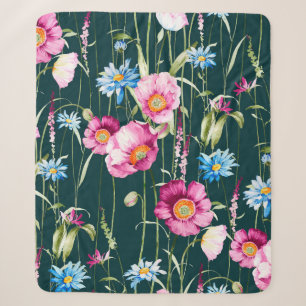 Watercolor seamless pattern with corn poppy flower sherpa blanket