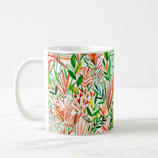 Watercolor seamless pattern with exotic leaves and coffee mug (Left)