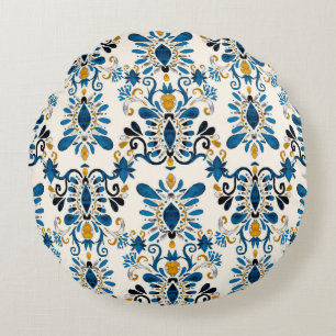 Watercolor seamless pattern with ikat. Tie dye wat Round Pillow