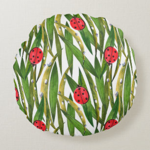 Watercolor seamless pattern with ladybugs. Against Round Pillow