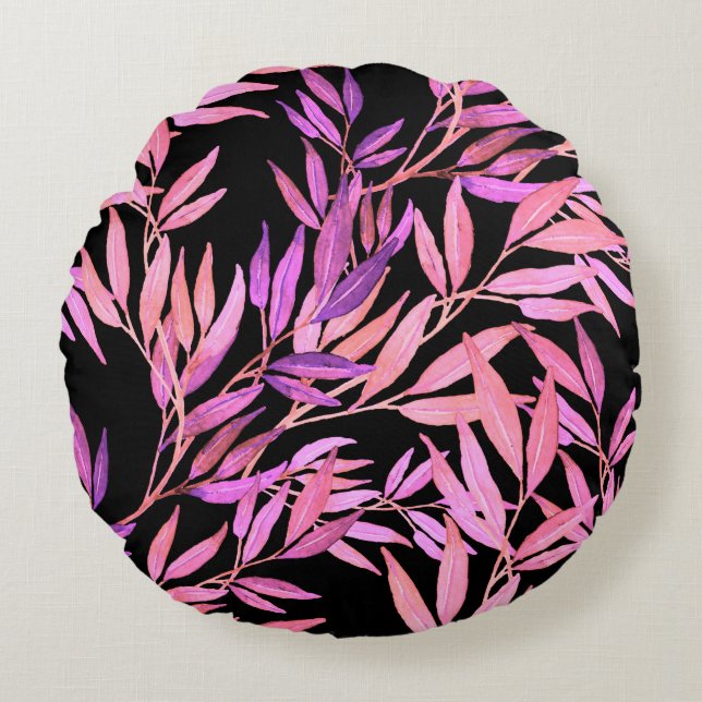 Watercolor seamless pattern with leaves. Bright su Round Pillow (Front)