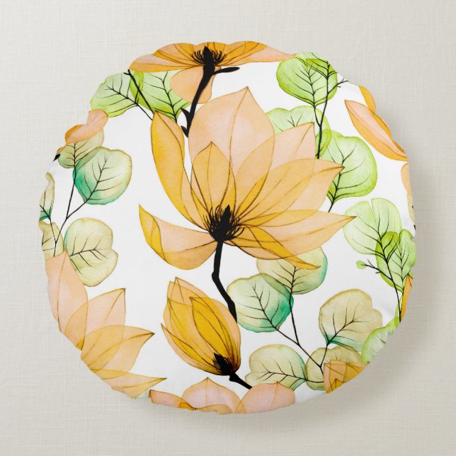 Watercolor seamless pattern with magnolia flowers  round pillow (Front)