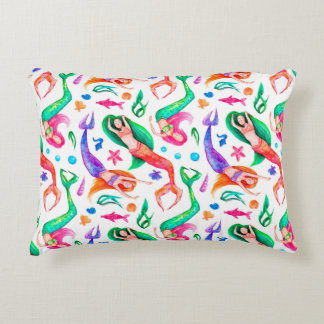 Watercolor seamless pattern with mermaids, seashel accent pillow