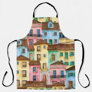 Watercolor seamless pattern with Portugal houses a Apron