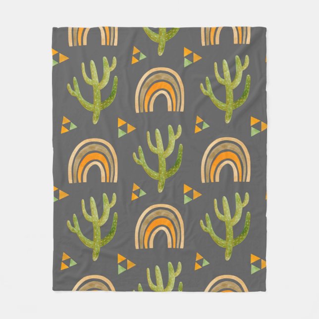 Watercolor seamless pattern with rainbow and cactu fleece blanket (Front)