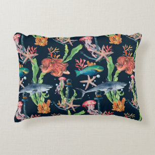 Watercolor seamless pattern with shark and laminar accent pillow