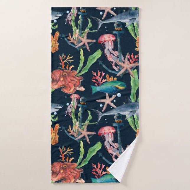 Watercolor seamless pattern with shark and laminar bath towel (Bath Towel)
