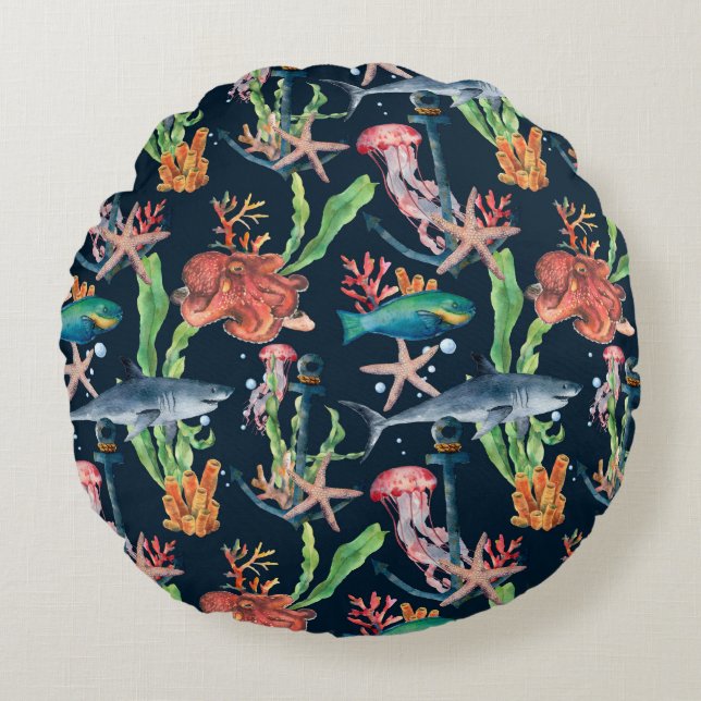 Watercolor seamless pattern with shark and laminar round pillow (Front)