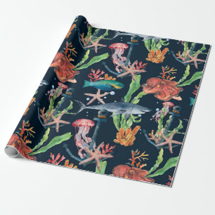 Watercolor seamless pattern with shark and laminar wrapping paper