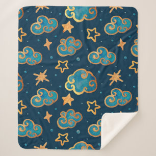 Watercolor seamless pattern with the moon, stars,  sherpa blanket