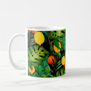 Watercolor seamless pattern with tropical leaves a coffee mug