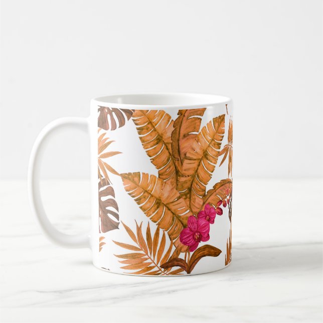 Watercolor seamless pattern with tropical leaves a coffee mug (Left)