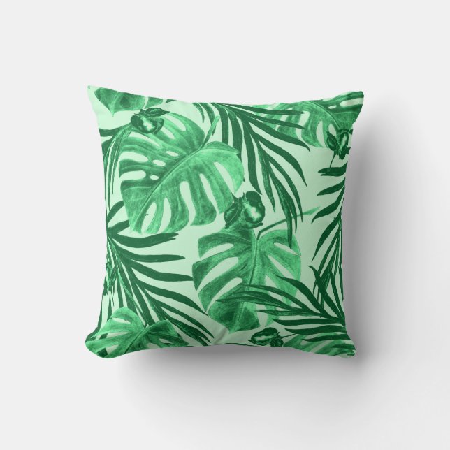 Watercolor seamless pattern with tropical leaves a throw pillow (Front)