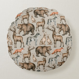 Watercolor seamless pattern with wild forest anima round pillow