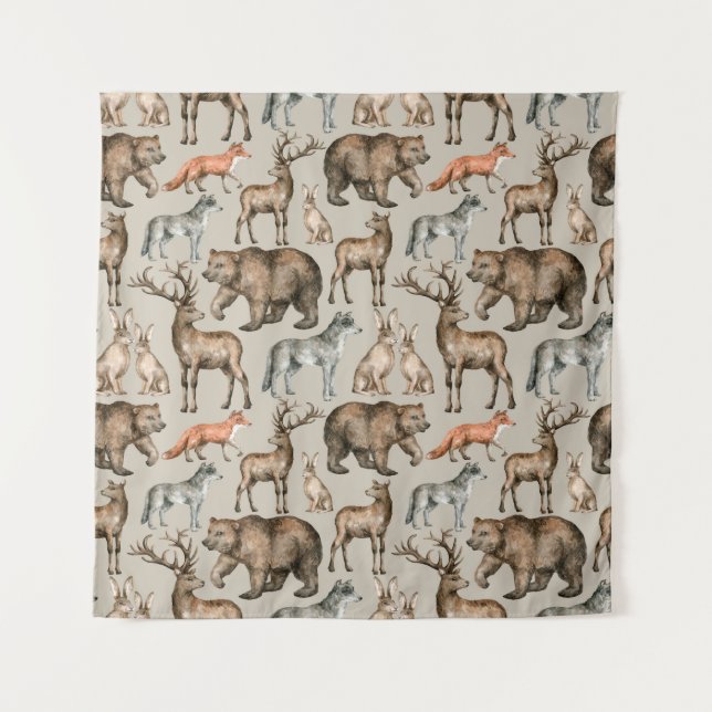 Watercolor seamless pattern with wild forest anima tapestry (Front)