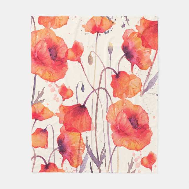 Watercolor seamless pattern with wild red poppies. fleece blanket (Front)