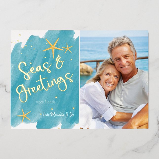 Watercolor Seas & Greetings Beach Foil Holiday Card (Front)