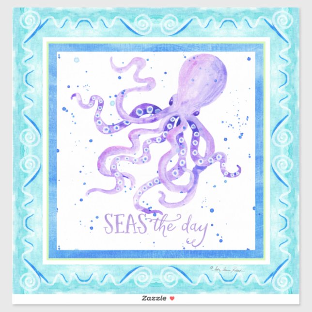 Watercolor Seas the Day Beach Blue Purple Octopus (Sheet)