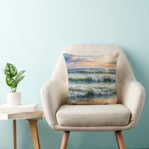 Watercolor Seascape At Sunrise Throw Pillow