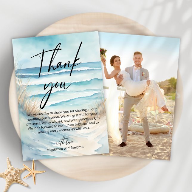 Watercolor Seascape Coastal Sand Beach Photo Thank You Card (Creator Uploaded)