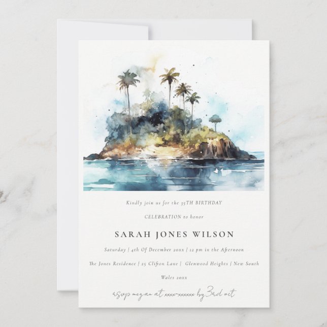 Watercolor Seascape Palm Tree Island Birthday Invitation (Front)