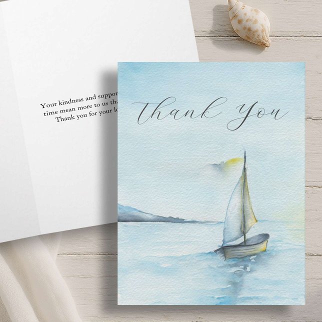 Watercolor Seascape Sympathie Merci Cartes de note (Funeral thank you cards features a watercolor sailboat by Victoria Grigaliunas of Do Tell A Belle)