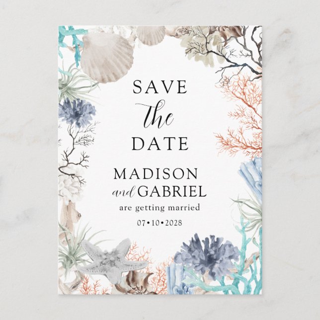 Watercolor Seashell Beach Wedding Save The Date Postcard (Front)