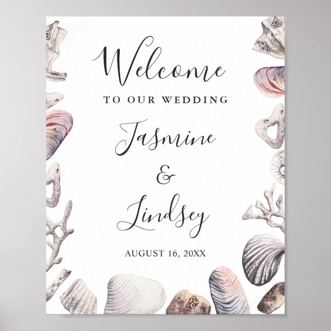 Watercolor Seashell Beach Wedding Welcome Sign (Front)