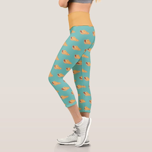 Watercolor Seashell Blue and beige Capri Leggings (Left)
