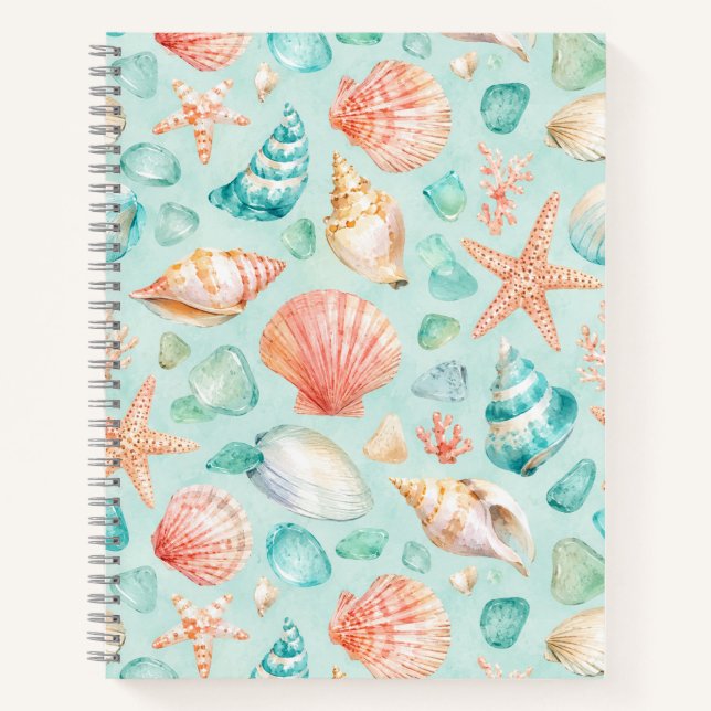 Watercolor Seashell Coastal Pattern Spiral Notebook (Front)