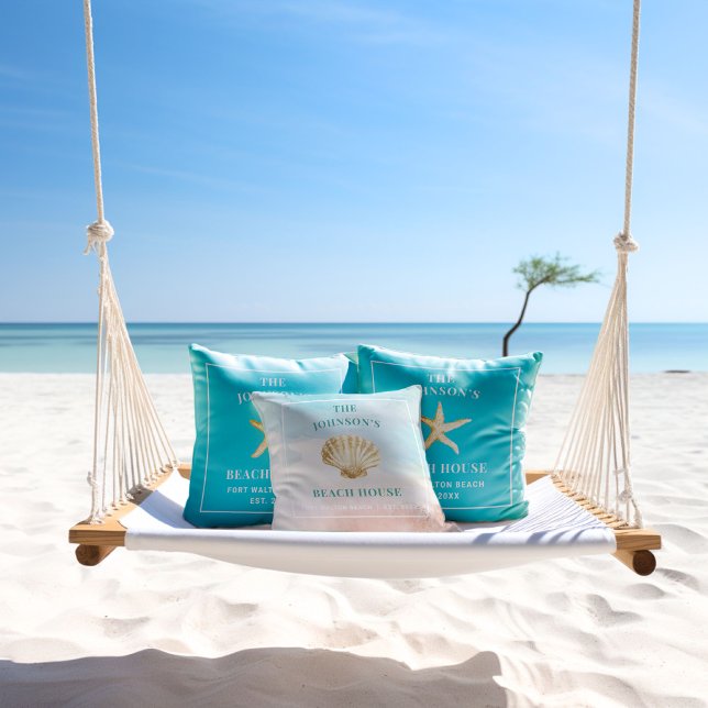 Watercolor Seashell Custom Monogram Beach House Throw Pillow (Creator Uploaded)