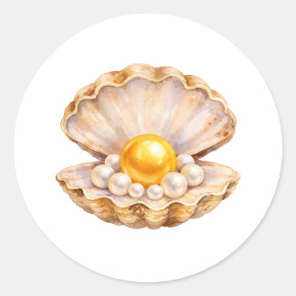 Watercolor Seashell with Golden and White Pearls  Classic Round Sticker
