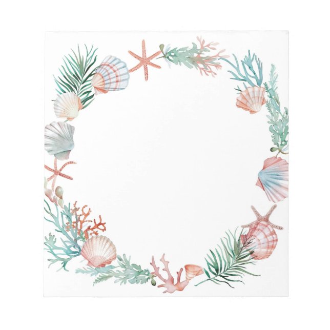 Watercolor Seashell Wreath Coastal Frame Design Notepad (Front)