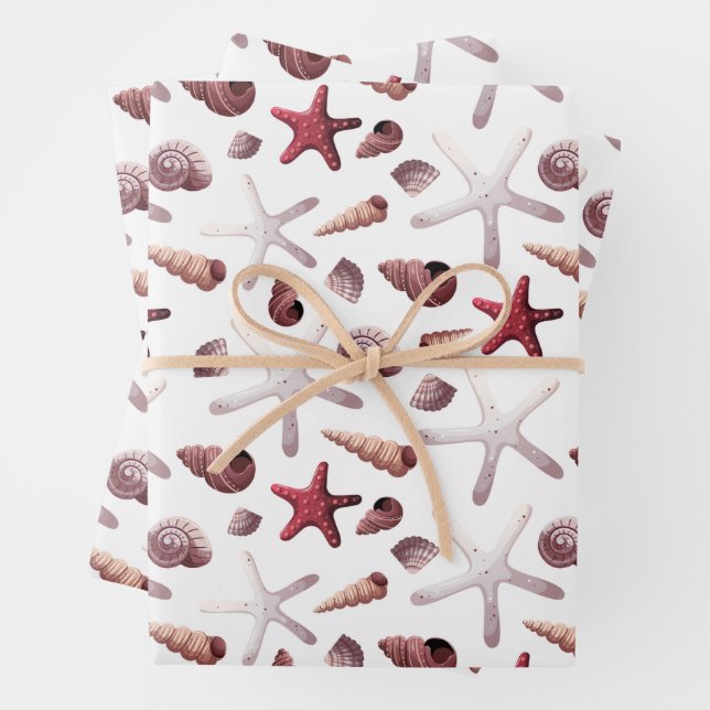 Watercolor Seashells and Starfish Marine Life Wrapping Paper Sheet (In situ)
