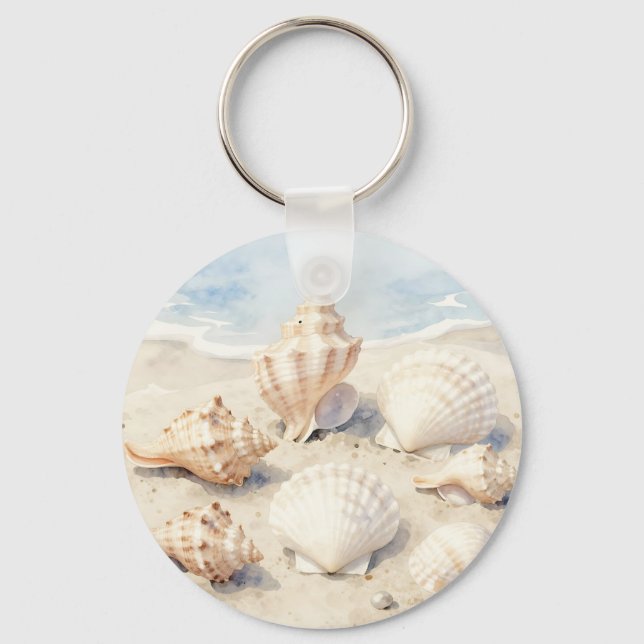 Watercolor Seashells Beach Scene Keychain (Front)