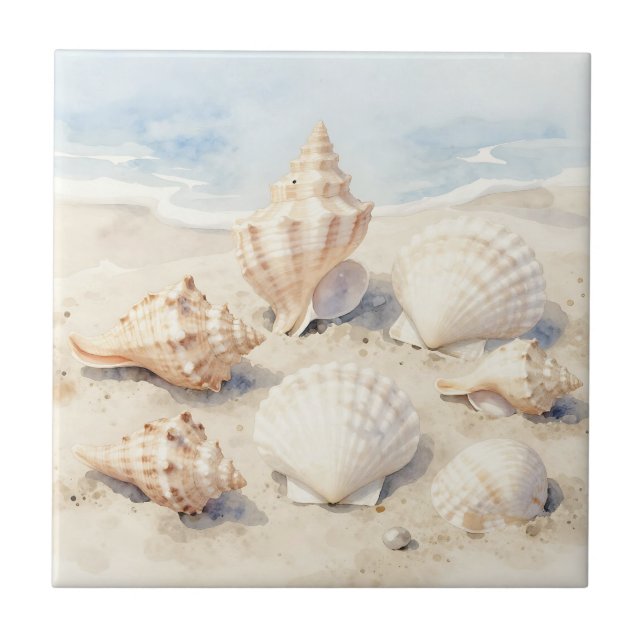 Watercolor Seashells Beach Scene Tile (Front)