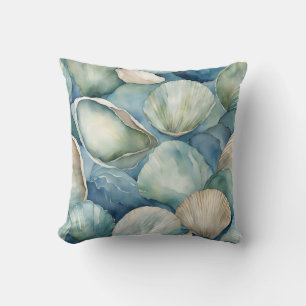 Watercolor SeaShells Blue Beige Coastal Throw Pillow