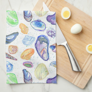 Watercolor Seashells Clam Oyster Kitchen Towel