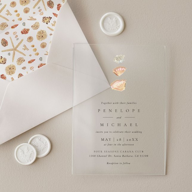 Watercolor Seashells Elegant Minimalist Wedding  Acrylic Invitations (Watercolor Seashells Elegant Minimalist Wedding Acrylic Invitations)