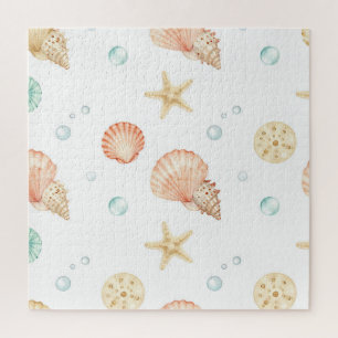 Watercolor Seashells Pearls Coastal Pattern Jigsaw Puzzle