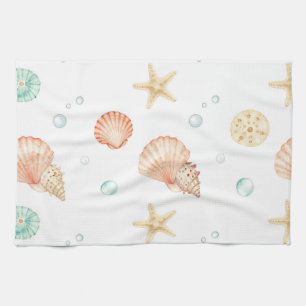 Watercolor Seashells Pearls Coastal Pattern Kitchen Towel