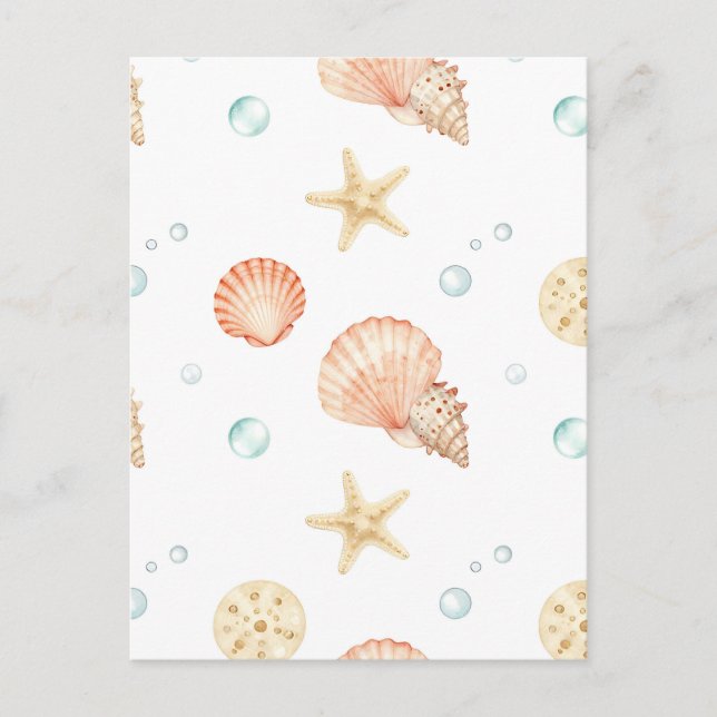 Watercolor Seashells Pearls Coastal Pattern Postcard (Front)