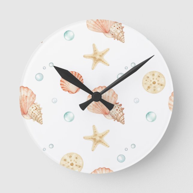 Watercolor Seashells Pearls Coastal Pattern Round Clock (Front)