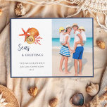 Watercolor seashells Seas and Greetings photo Holiday Card<br><div class="desc">Hand painted watercolor seashell and coral Nautical Christmas greetings card . Add your favourite family photo.</div>