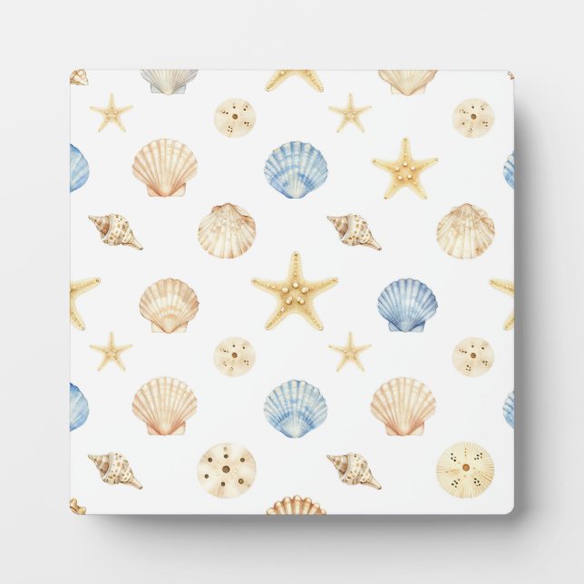 Watercolor Seashells Starfish Coastal Pattern Plaque (Front)