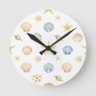 Watercolor Seashells Starfish Coastal Pattern Round Clock
