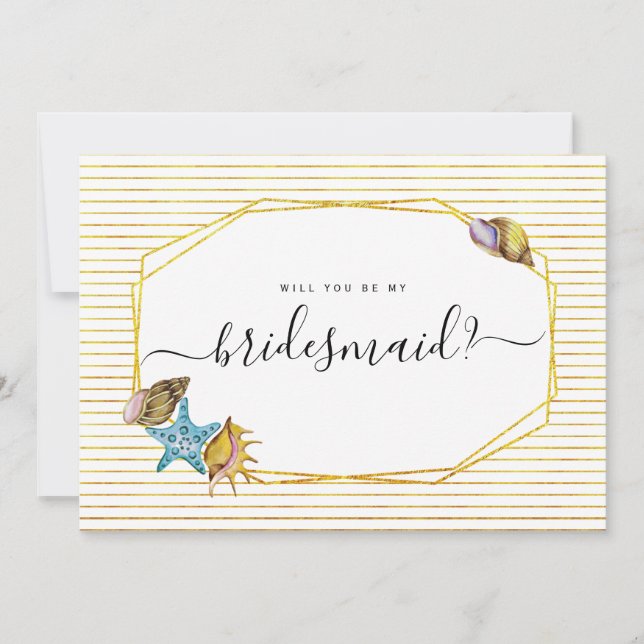 Watercolor seashells will you be my bridesmaid invitation (Front)