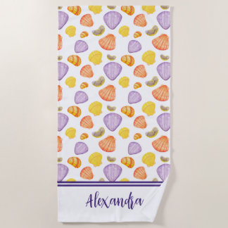 Watercolor Seashells with Name Beach Towel